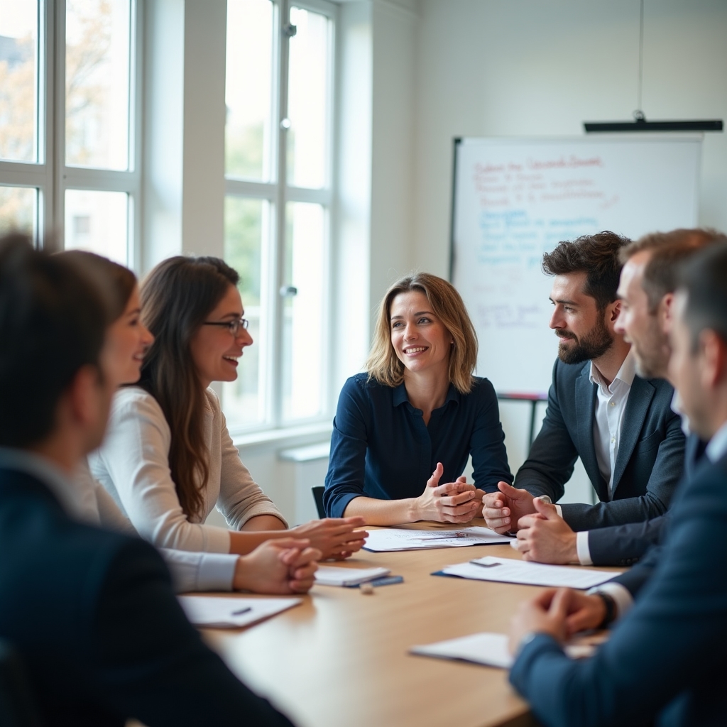 Gruppe von Unternehmern beim Verhandlungstraining in einem modernen Seminarraum
